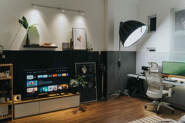 tv u dnevnom boravku sa dodatnim osvetljenjem